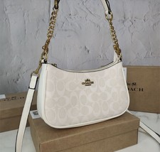 Coach White Logo Shoulder Bag Gold Chain Adjustable Strap Designer Crescent