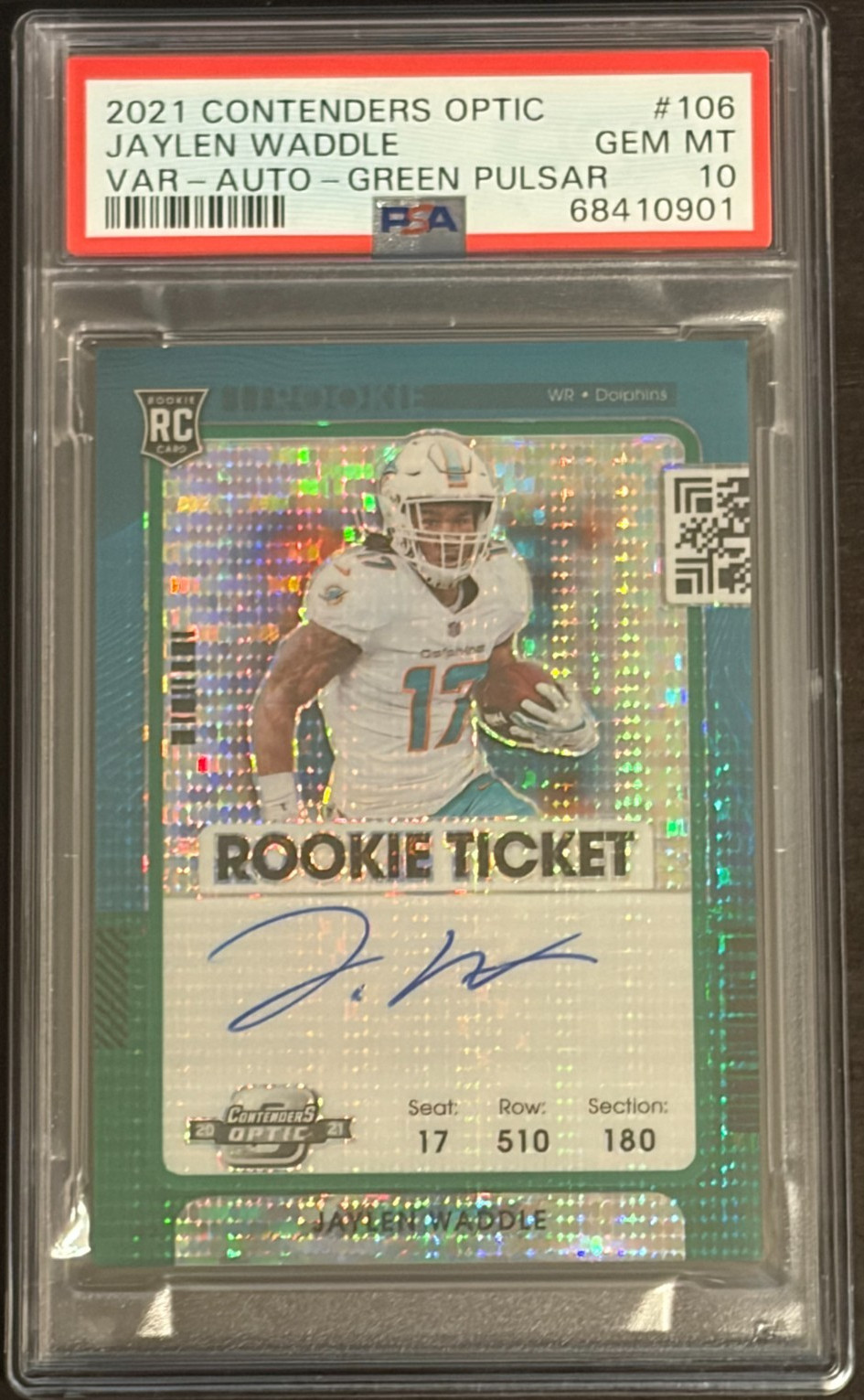 Jaylen Waddle Panini Contenders Optic #106 Variation-Autograph-Green Pulsar