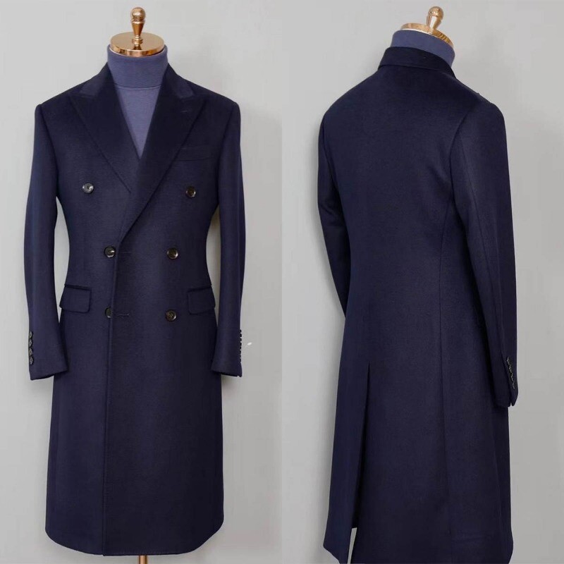 Navy Blue Solid Woolen Men's Overcoat Wide Peak Lapel Long Jacket