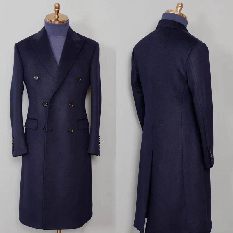 Navy Blue Solid Woolen Men's Overcoat Wide Peak Lapel Long Jacket for Daily Wear