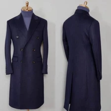 Navy Blue Wool Blend Men's Overcoat Wide Peak Lapel Long Jacket Work Wear Custom