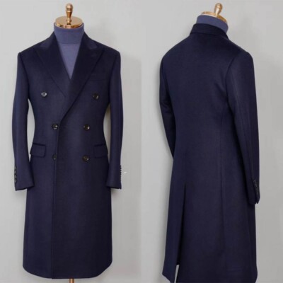 Navy Blue Solid Woolen Men's Overcoat Wide Peak Lapel Long Jacket