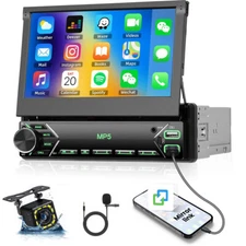 7" Single 1 DIN Flip Out Touch Screen Car Stereo Radio BT MP5 Player USB +Camera