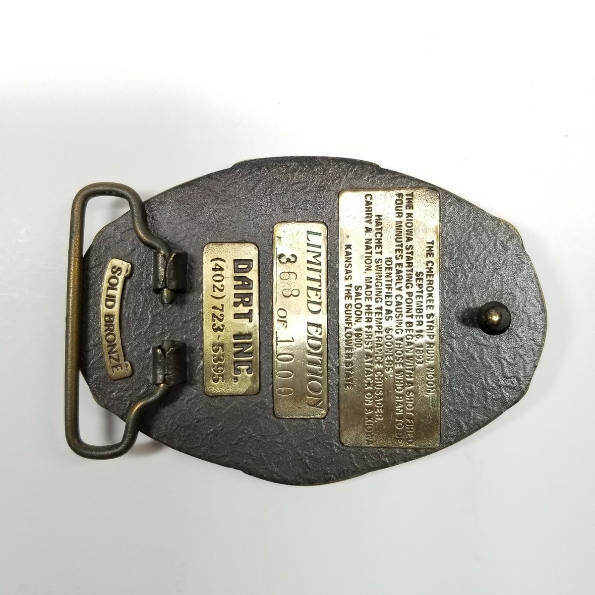 【k】 Kiowa Kansas Cherokee Strip Carry Nation Solid Bronze Belt Buckle