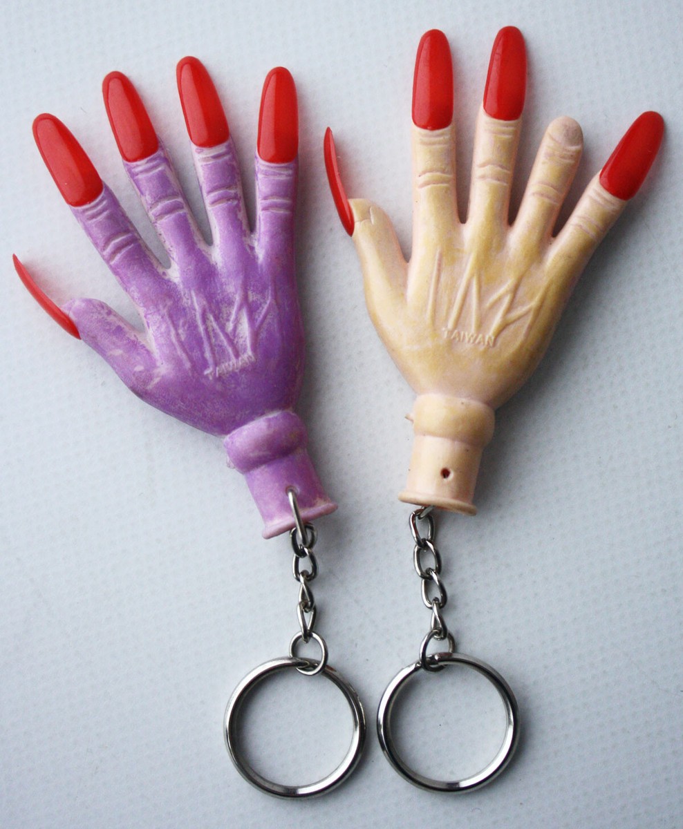 2X VINTAGE 80'S BENDABLE HAND WITH NAILS KEYCHAIN KEY RING TAIWAN