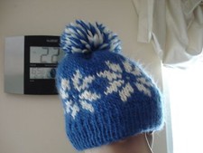 Hand knit hat with snowflake pom pom 100 thick Merino Wool Women's/Kids BLUE