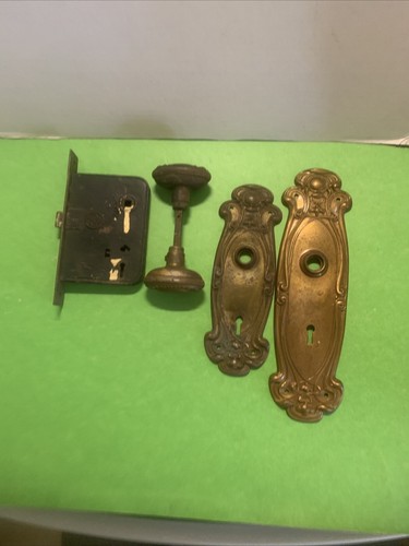 Antique Entrance Door Set Victorian / Eastlake Backplate Knob Mortise Lock - Picture 6 of 14