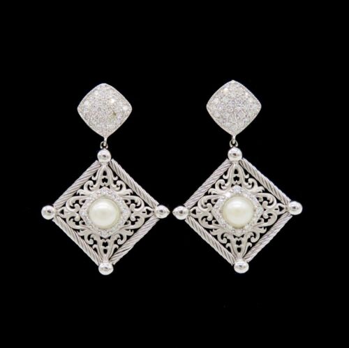 Boucles d'oreilles en filigrane goutte diamant éblouissante Philippe Charriol or blanc 18 carats ~ 0,40 ct - Photo 1/6