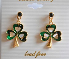 Shamrock Dangling Post Earrings / Gold-tone w Green Crystal Chips / St. Patrick