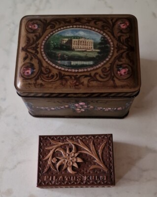 2 old tins: 1 metal, 1 wooden vintage collectable different styles, sizes Tins