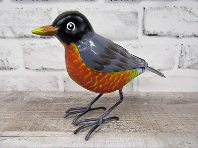 Small Rustic 8'' Long Summer American Robin Red Breast Metal Tin Song Bird Figure
