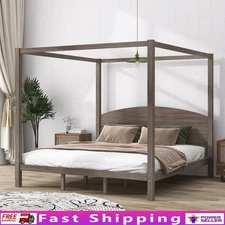 King Size Canopy Bed Frame Solid Wood Platform Bed Teens Adults Easy Assembly US