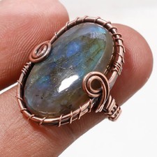 Blue Labradorite Gemstone Handmade Wire Wrap Copper Gift Jewelry Ring 6" PG 354