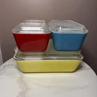 VTG 1950's PYREX 8 pc Refrigerator Dish Set Primary Colors With Lids 501 502 503