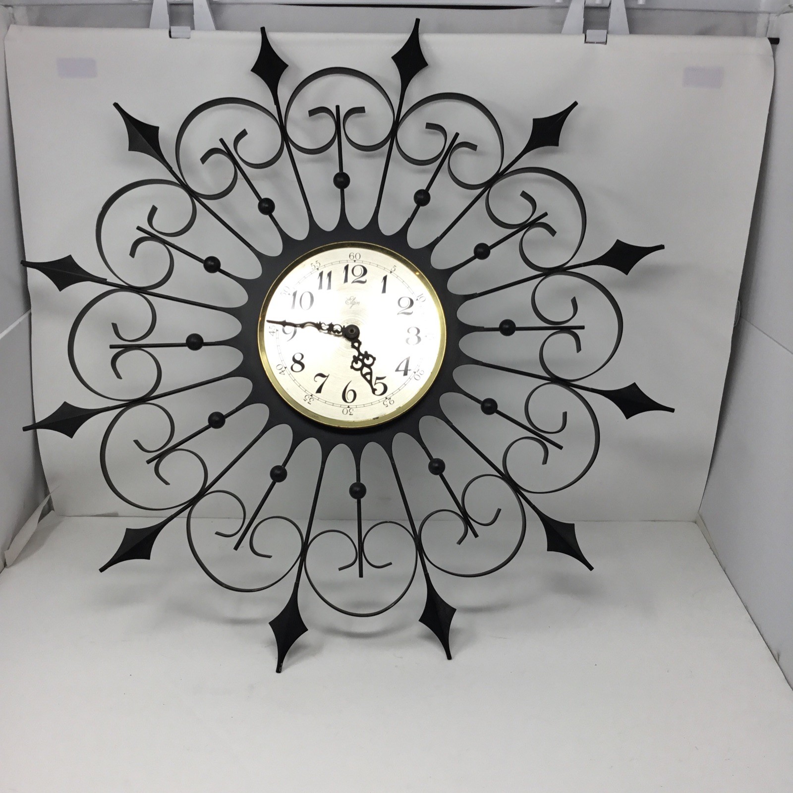 Elgin Mid Century Modern Black Wrought Iron Vintage Starburst Clock (working)