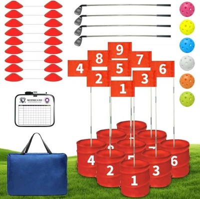 Golf Bucket Yard Game with 4 Clubs for Adults and Family, 9 Hole Golf Course, Ba