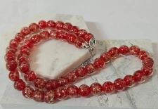 Murano Style Red Glass Glow-in-the-Dark Bead Necklace 20-22 Inches in Silvertone