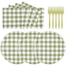 Disposable Sage Green Gingham Paper Plates and Napkins Set Checkered Plaid