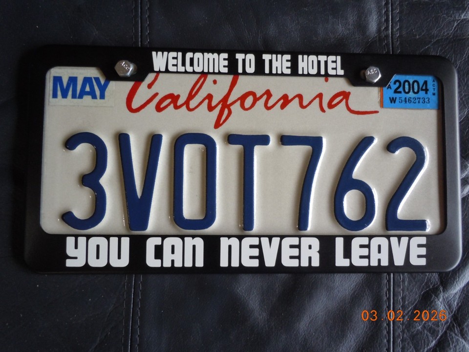 LICENSE PLATE WITH FRAME MODERN ART, HOTEL CALIFORNIA HELL FREEZES OVER ...