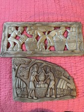 Vintage Folk Art Hand Carved Wooden Hanging Wall Plaques, Pair