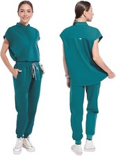Women Nurse Uniform Suit Stand Collar Medical Stretch Scrubs Set Top Pants