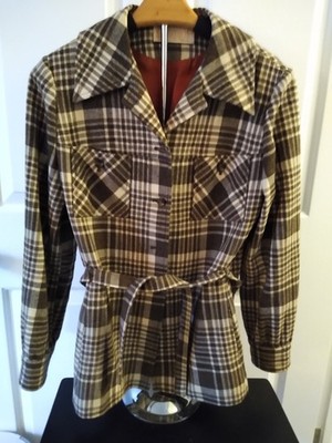 Pendleton Woolen Mills Vintage Women's Brown Cream Plaid Shirt Jacket with Belt