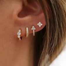 4PCS Fashion Small Crystal Flower Hoop Earrings Set for Women 18K Gold Plated