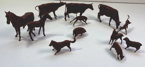 MARX Vtg 1951 Farm 17pc Brown Livestock Lot: Horse & Foal, Cows, Bull, Pigs, Dog