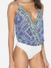 NEW Lovers  Friends Blue Print Bodysuit Tank Vision V Neck Women's Size M