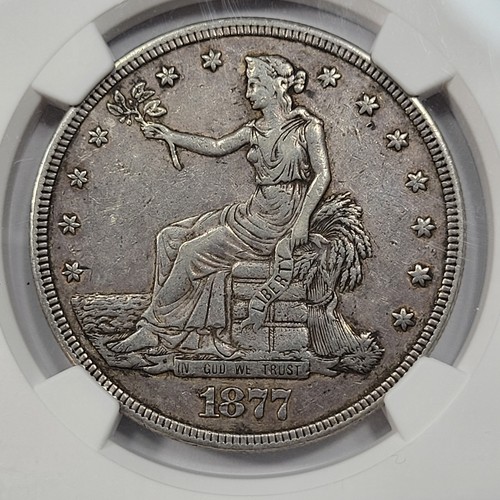 1877 P $1 Trade Silver Dollar NGC XF Details Genuine Nice Patina Tooled *T513