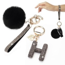Initial Letter Keychain for Women Girl Bling Rhinestone Sparkly Bag H-black