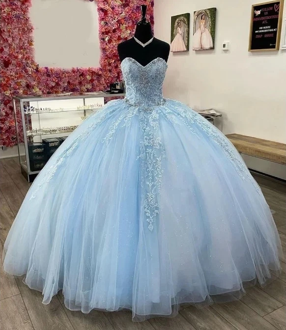 Beaded Sky Blue Quinceanera Dresses Sweetheart Sweet 15 16 Prom Party Ball Gowns