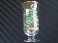 C-383 SPODE Christmas Tree Glass Footed Hurricane Candle Holder Vase 9 1/2"