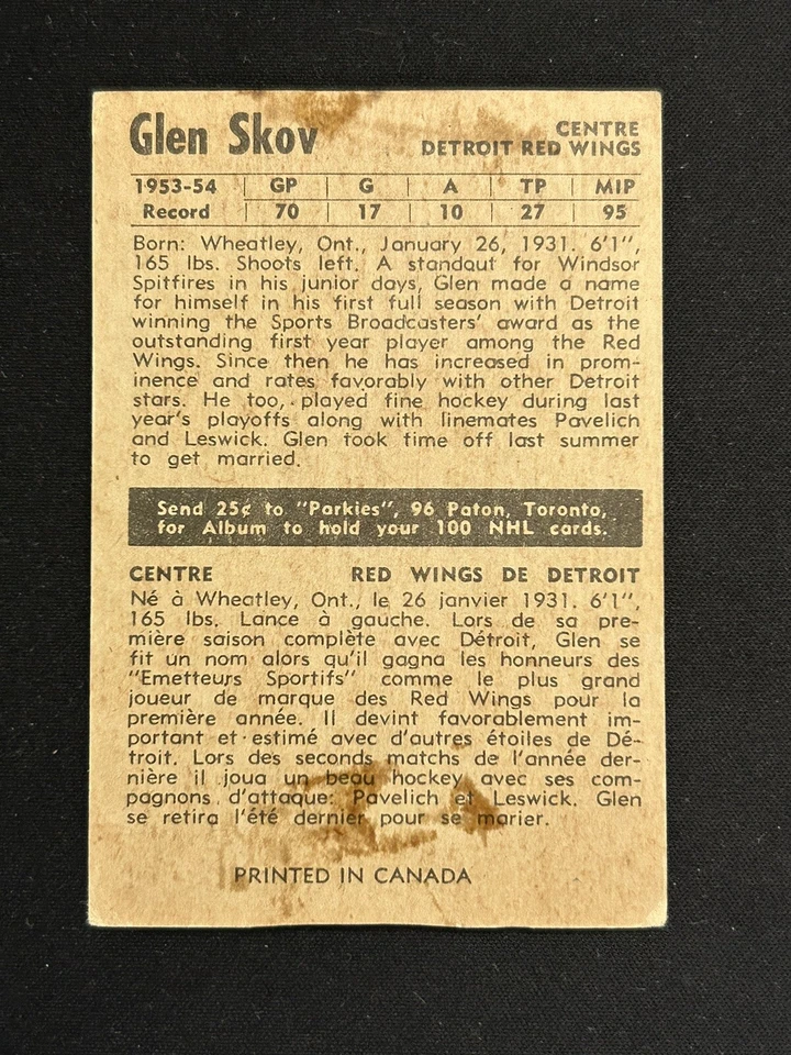 1954-55 Parkhurst Hockey - Premium Ad Back #40 Glen Skov - Image 2 of 2