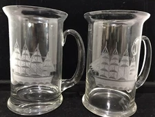 Lot Of 2 Vintage Tuscany Etched Clipper Ship Beer Mug Glasses Barware
