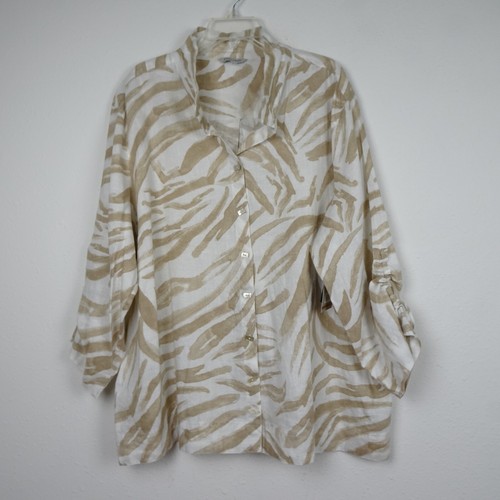 John Mark Linen Blend Tunic Top Women's Plus Size 3X White Beige Print