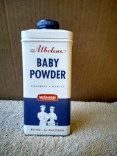 Vintage McKesson's Albolene Baby Powder Shaker Tin, 4oz (1/2full)