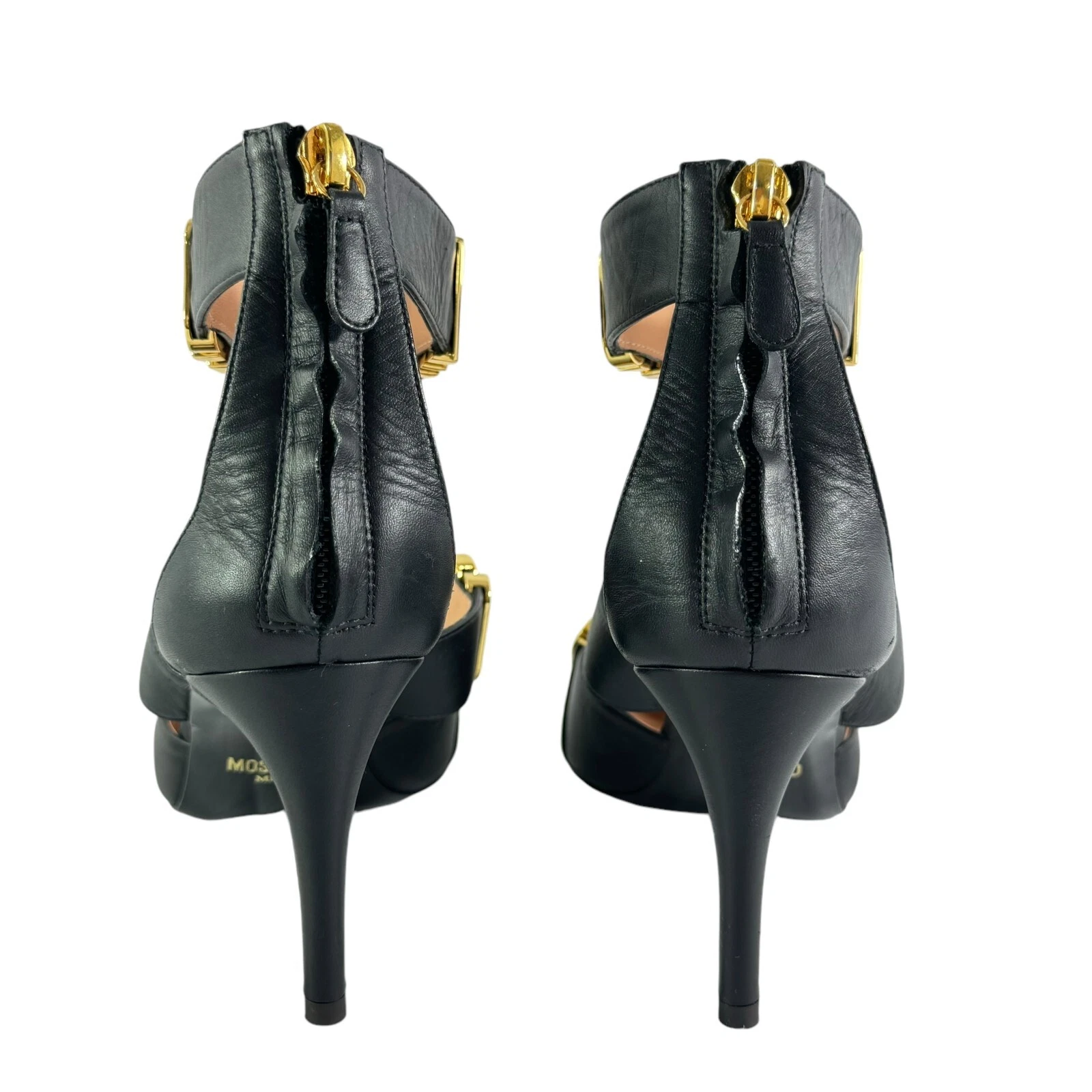 $890 MOSCHINO Milano sandali neri in pelle con logo lettera cinturino Italia 36 6US