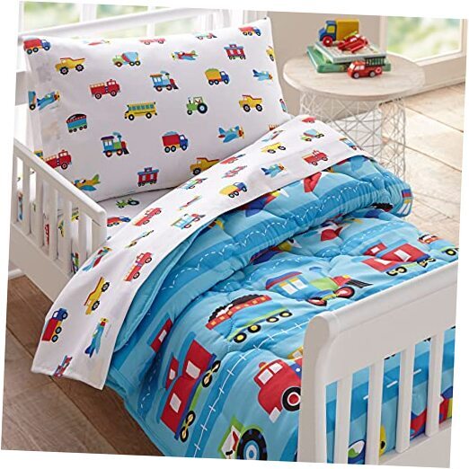 Kids 4 Pc Toddler Bed In A Bag for Boys and Girls, Trains, Planes, and Trucks