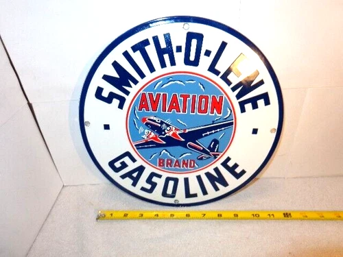 VINTAGE  10  1/2  in SMITH-O-LENE AVIATION GAS ADV. SIGN METAL PORCELAIN # S 270