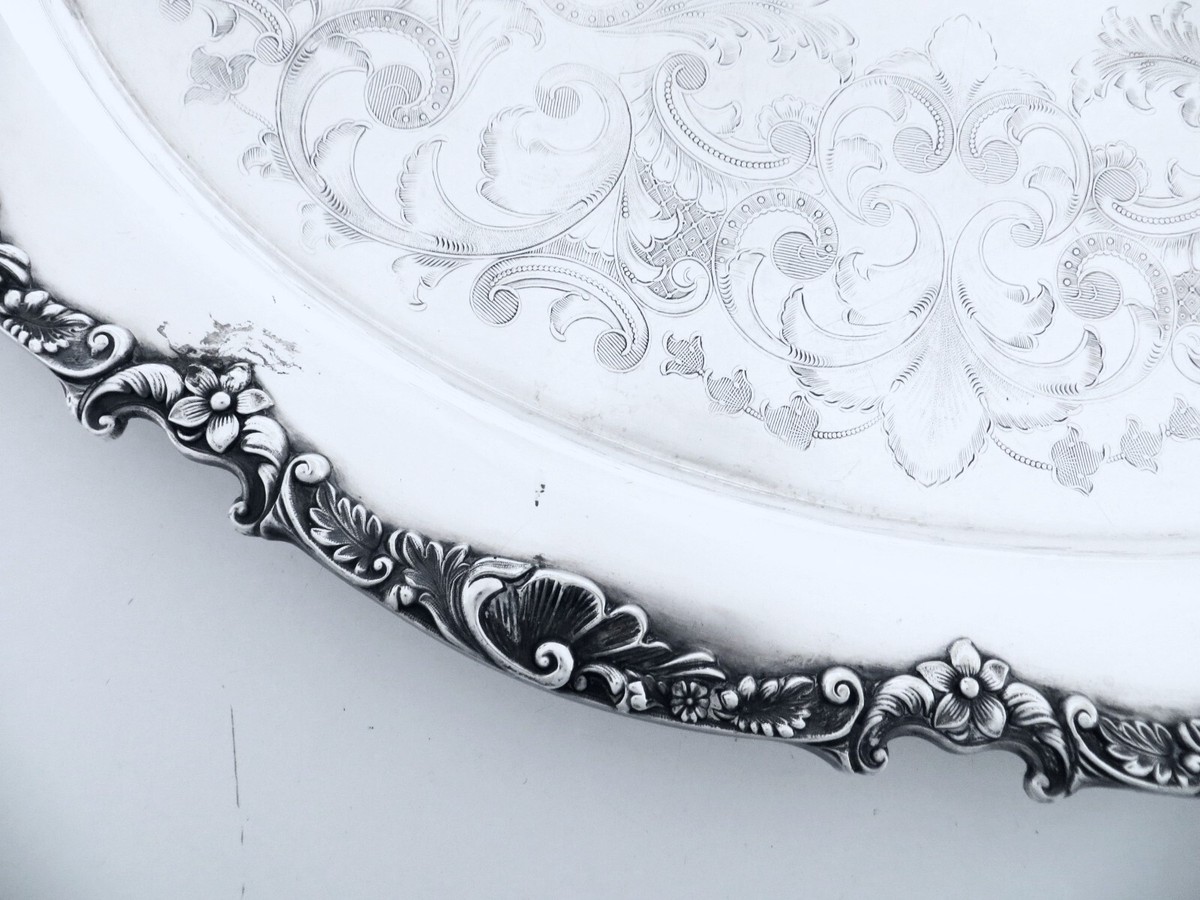 【Crown Silver Co】 オードブルサーバー 直径40cm！！ 1940 CHELTENHAM SHEFFIELD ENGLAND ORNATE SILVER ON COPPER