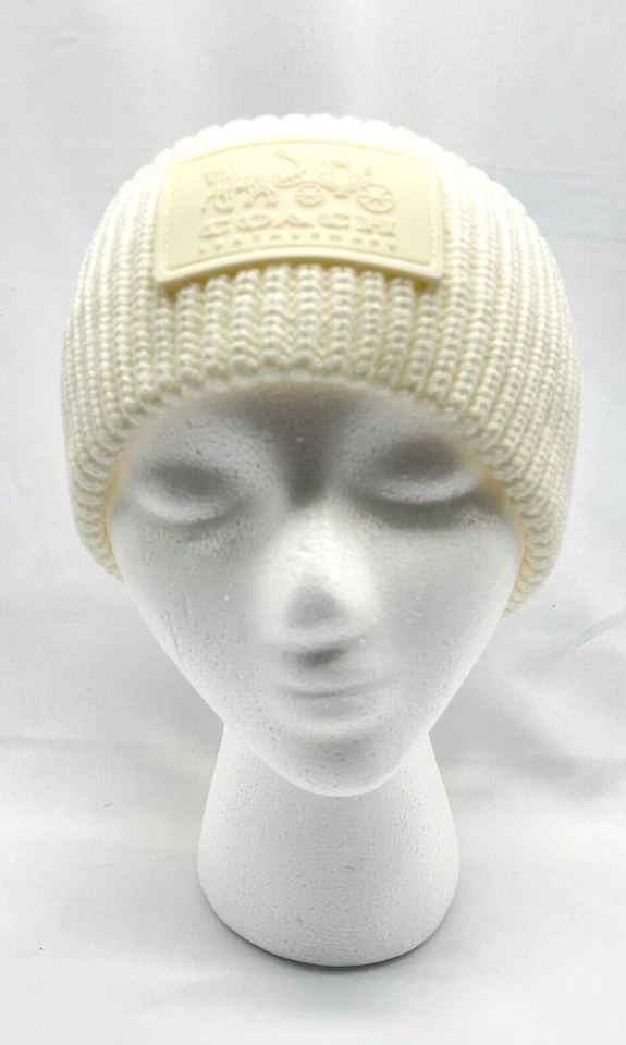 Coach Calentador de Orejas Invierno Diadema Acanalada Tejido Marfil Crema Goma Logo Parche Foto 3 de 4