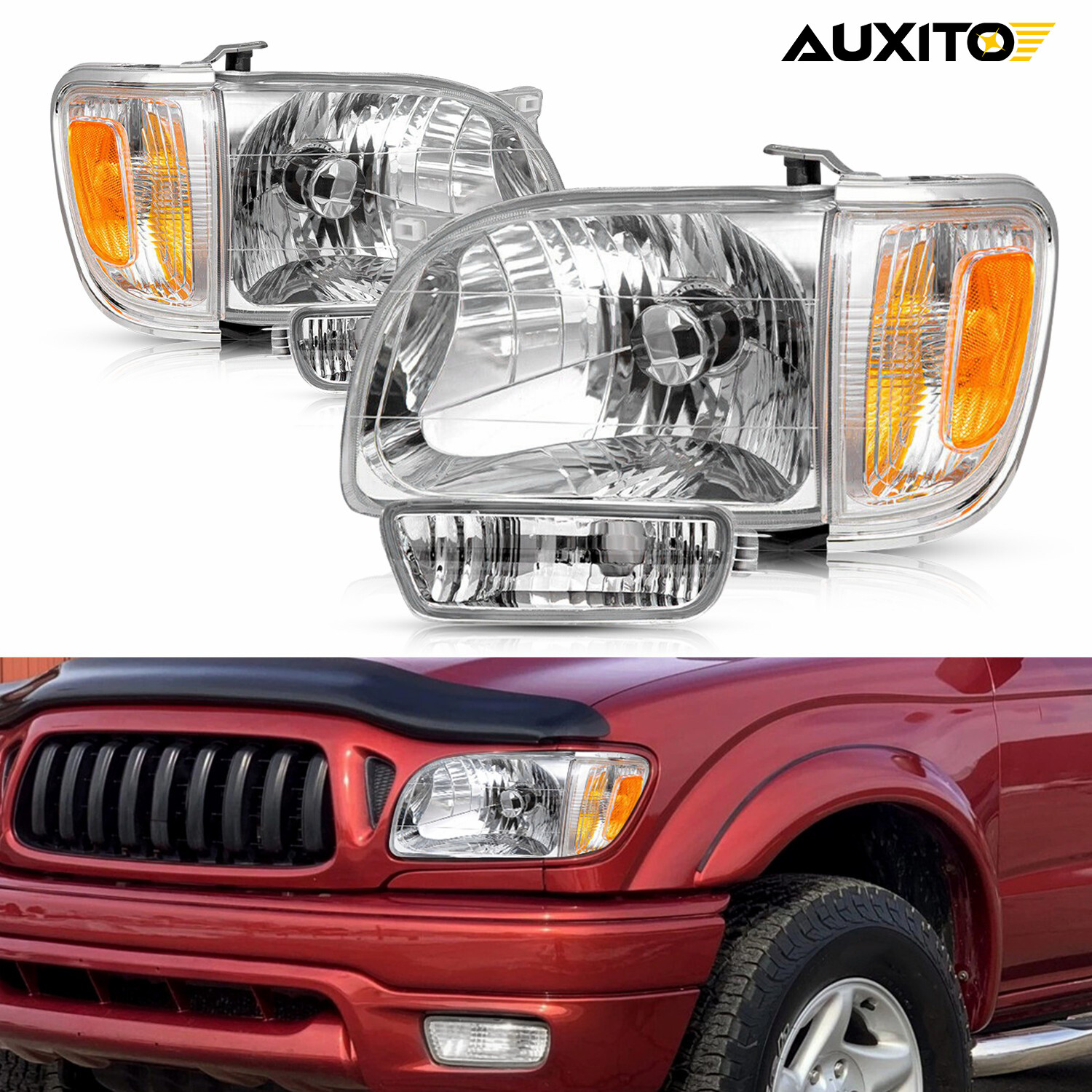 2x L/R Headlight Amber Reflector Chrome Housing For 2001-2004 Toyota Tacoma