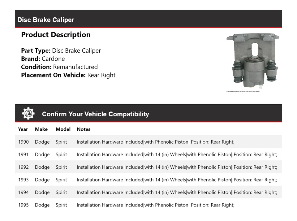 Pinza de freno de disco trasera derecha Cardone 1991 1992 1993 Dodge Spirit 1990-1995 Foto 2 de 4