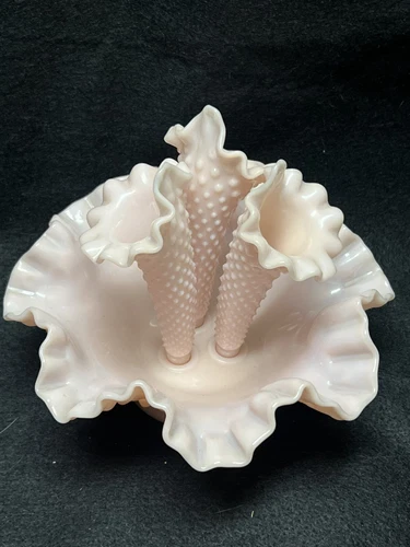 Fenton PINK MILK GLASS HOBNAIL  EPERGNE 3 Horns Opalescent Fire When Held 2 Lite