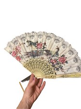 Chinese Folding Hand Fan Peacock Floral Lace White Multicolor Gold Decor Handle