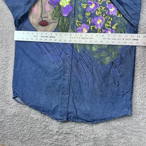 VINTAGE Womens XL Custom Painted Denim Button Up French Riviera Floral Shopping - Picture 8 of 9