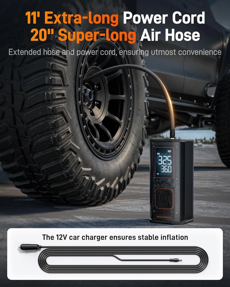 WOLFBOX Inflador de Neumáticos Compresor de Aire Portátil-Bomba de Aire 12000mAh y 150PSI para Coche Foto 4 de 4