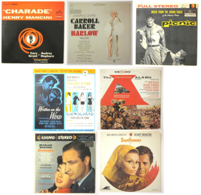 Set of 7 MOVIE SOUNDTRACK 33 1/3 rpm LP Records ALAMO, CHARADE, HARLOW, PICNIC