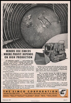 1957 Eimco Corp. Salt Lake City Utah Miner Photos 630 Crawler Excavator Print Ad